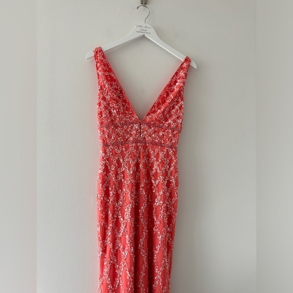 MAC DUGGAL Pink Sequined Plunge Neck Sleeveless Column Gown in Coral 8 - Picture 7 of 12